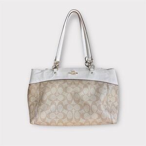 COACH Signature Stripe Gallery Tote F25996 Beige White Canvas Shoulder Bag